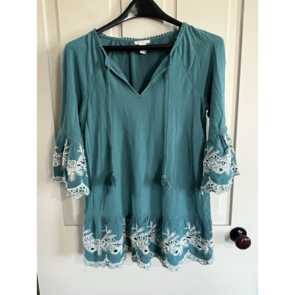 Forever 21 Floral Boho Bell Sleeve Top Small Teal Embroidered Lace Fairy Whimsy